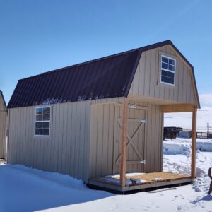 10′ x 20′ Loft Style Wood Storage Sheds With a 4 ft. Deck and Brown Metal roof. In Craig.'s feature image